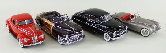 FOUR DANBURY MINT 1:24 SCALE DIECAST MODEL CARS, comprising Ford Deluxe Coupe 1940, Chrysler Town