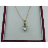 9CT GOLD & AQUAMARINE DROP PENDANT NECKLACE, heart shaped claw mounted stone in a hallmarked mount