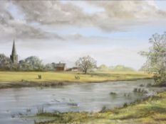 DIGBY PAGE oil on canvas - river boat with cattle and buildings to background, 50 x 75cms