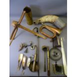 BRASS SHELL CASE, AN OLD STEER HORN, copper bugle, a winnowing stick and other items, a mixed