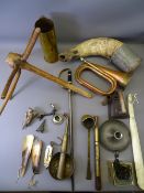 BRASS SHELL CASE, AN OLD STEER HORN, copper bugle, a winnowing stick and other items, a mixed