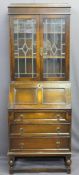 VINTAGE OAK BUREAU BOOKCASE, the upper section with leaded glass doors and adjustable interior