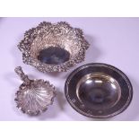 SILVER PIN DISHES (3) including a shell form example with handle, Birmingham 1860, 7.5cms L, a 9.