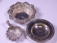 SILVER PIN DISHES (3) including a shell form example with handle, Birmingham 1860, 7.5cms L, a 9.