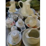 MODERN WASHBOWL & JUG SETS, Staffordshire seated dogs and a Christineholm 24 piece Rose teaset