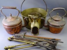 VINTAGE SWING HANDLE BRASS JAM PAN, two acorn knop Victorian copper kettles, brass fire irons ETC