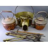 VINTAGE SWING HANDLE BRASS JAM PAN, two acorn knop Victorian copper kettles, brass fire irons ETC