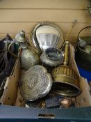 PERSIAN TYPE BRASS VESSELS, gilt framed circular mirror, Oriental metalware and other items of