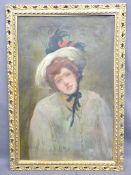 19TH CENTURY BRITISH SCHOOL oil on canvas - Bonneted seated lady, in gilt frame, 75 x 50cms