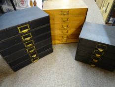 THREE VINTAGE DOCUMENT DRAWER/COLLECTOR'S CABINETS with brass pull handles