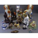 POTTERY, PORCELAIN & OTHER COMPOSITION FIGURINES, ANIMALS & BIRDS including a pair of