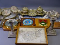 EPNS CORINTHIAN CAP CANDLESTICKS, a pair, brass desk ink well stand, embroidered and brass