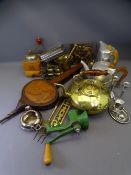 PICQUOT WARE, brass pestle and mortar, vintage kitchenware, fire bellows ETC