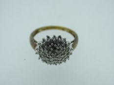 9CT GOLD DIAMOND CLUSTER RING, white gold claw set stones against a yellow gold band, size K,