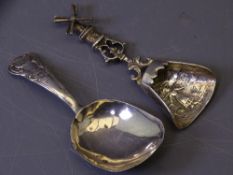 DUTCH SILVER CADDY SPOON with figure decoration to the bow and a windmill handle, 0.6ozs and a plain