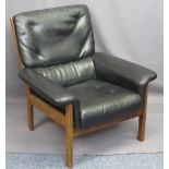 MID-CENTURY TEAK FRAMED ARMCHAIR, upholstered in black with button and stitch detail bearing 'Pelham