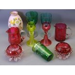 GLASSWARE PARCEL - a pair of Cranberry salts, two Cranberry cream jugs and a rose vase also two