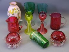 GLASSWARE PARCEL - a pair of Cranberry salts, two Cranberry cream jugs and a rose vase also two