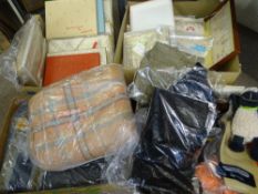 BOXED HOUSEHOLD LINEN, LADY'S SCARFS, woollen throws and other household goods (within 4 boxes)