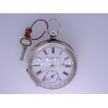 VICTORIAN SILVER KEY WIND OPEN FACE POCKET WATCH WITH KEY, 935 grade silver, the dial marked John