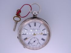 VICTORIAN SILVER KEY WIND OPEN FACE POCKET WATCH WITH KEY, 935 grade silver, the dial marked John