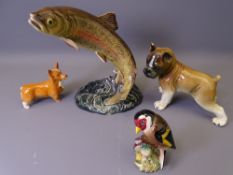 BESWICK LEAPING TROUT 1032 and three further pottery animal and bird figurines