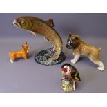 BESWICK LEAPING TROUT 1032 and three further pottery animal and bird figurines