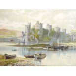 R F MACINTYRE framed oilograph - Conwy Castle with numerous boats and figures, 48 x 73.5cms