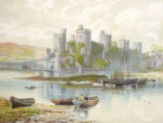 R F MACINTYRE framed oilograph - Conwy Castle with numerous boats and figures, 48 x 73.5cms