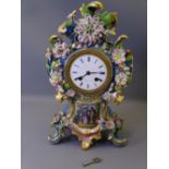 FRENCH PORCELAIN MANTEL CLOCK, blue and gilt with floral encrusted Rococo design with front panel