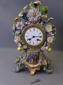 FRENCH PORCELAIN MANTEL CLOCK, blue and gilt with floral encrusted Rococo design with front panel