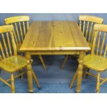 PINE DINING TABLE, 73cms H, 120cms W, 80cms D and four spindle back chairs, 85cms H, 39cms W,