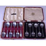 CASED TEA & COFFEE SILVER SPOONS, TWO SETS including an Art Deco style set of six coffee spoons,