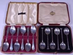 CASED TEA & COFFEE SILVER SPOONS, TWO SETS including an Art Deco style set of six coffee spoons,