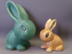 SMALL SYLVAC BROWN GLAZED SEATED POTTERY RABBIT and a large green semi-glazed seated rabbit by