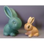 SMALL SYLVAC BROWN GLAZED SEATED POTTERY RABBIT and a large green semi-glazed seated rabbit by