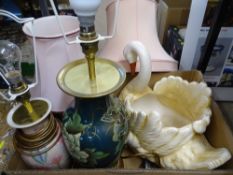 DECORATIVE POTTERY TABLE LAMPS WITH SHADES and a large swan pottery planter