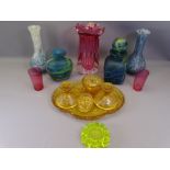 MDINA TYPE FROSTED GLASSWARE, Cranberry and Ruby glass, Amber glass dressing table set ETC