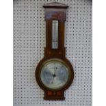 EDWARDIAN INLAID MAHOGANY WALL BAROMETER WITH THERMOMETER, 58cms L