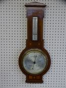 EDWARDIAN INLAID MAHOGANY WALL BAROMETER WITH THERMOMETER, 58cms L