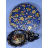 PAPER MACHE ITEMS (3) - a large 19th century charger painted with birds, small plate painted after
