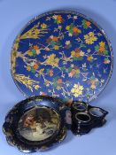 PAPER MACHE ITEMS (3) - a large 19th century charger painted with birds, small plate painted after