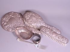 THREE PIECE HAND MIRROR & BRUSH SET, Birmingham 1924 and three further small silver items to include