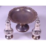 SMALL SILVER, THREE ITEMS including a pair of baluster form pepper pots with floral embossed