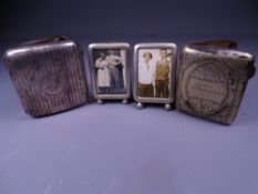 SILVER CIGARETTE CASE, white metal example and two white metal easel photo frames, the silver