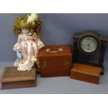 VINTAGE OAK MANTEL CLOCK, various wooden boxes and a modern bisque headed collector's doll