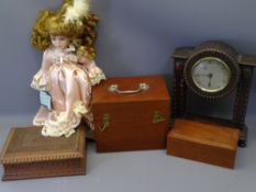 VINTAGE OAK MANTEL CLOCK, various wooden boxes and a modern bisque headed collector's doll