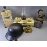 VINTAGE EVEROAK MOTORCYCLE HELMET, LMS railway lamp, greenhouse paraffin heater and Valor fuel can