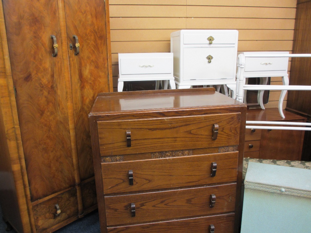 VINTAGE BEDROOM FURNITURE PARCEL, 10 items including a neat walnut two door, two drawer wardrobe,