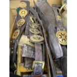 SHIRE HORSE LEATHERS, straps of horse brasses, brass and oak hames, a good box full